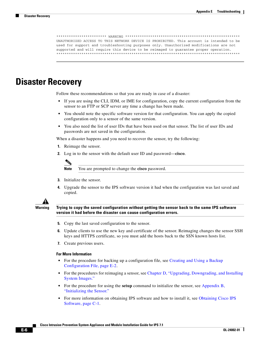 Cisco Systems IPS4520K9 manual Appendix E Troubleshooting Disaster Recovery 