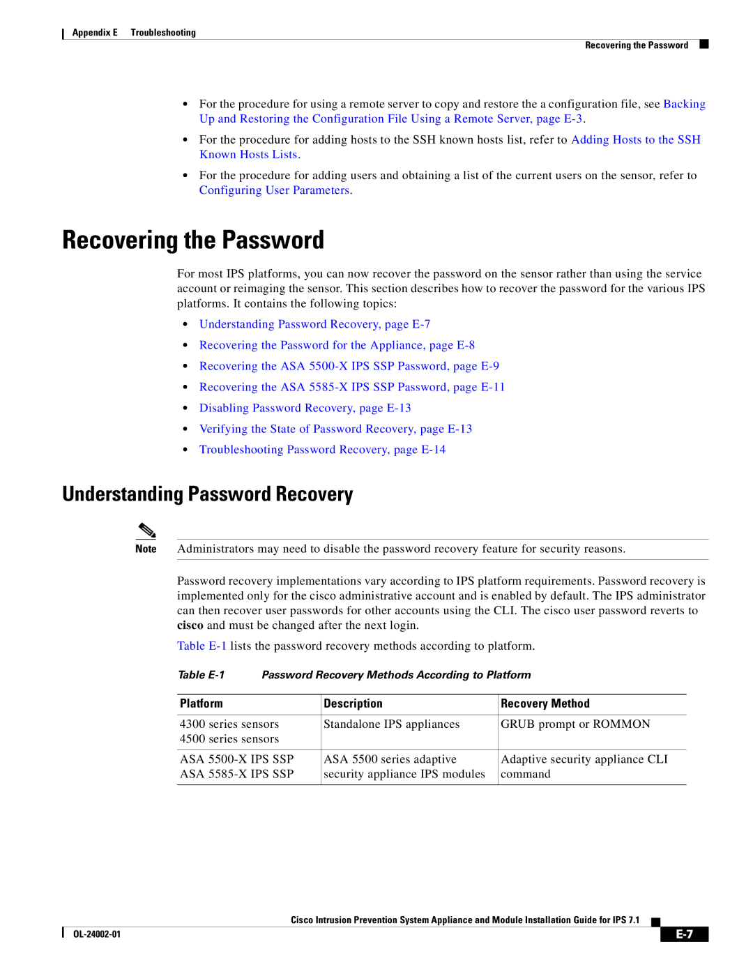 Cisco Systems IPS4520K9 Recovering the Password, Understanding Password Recovery, Platform Description Recovery Method 