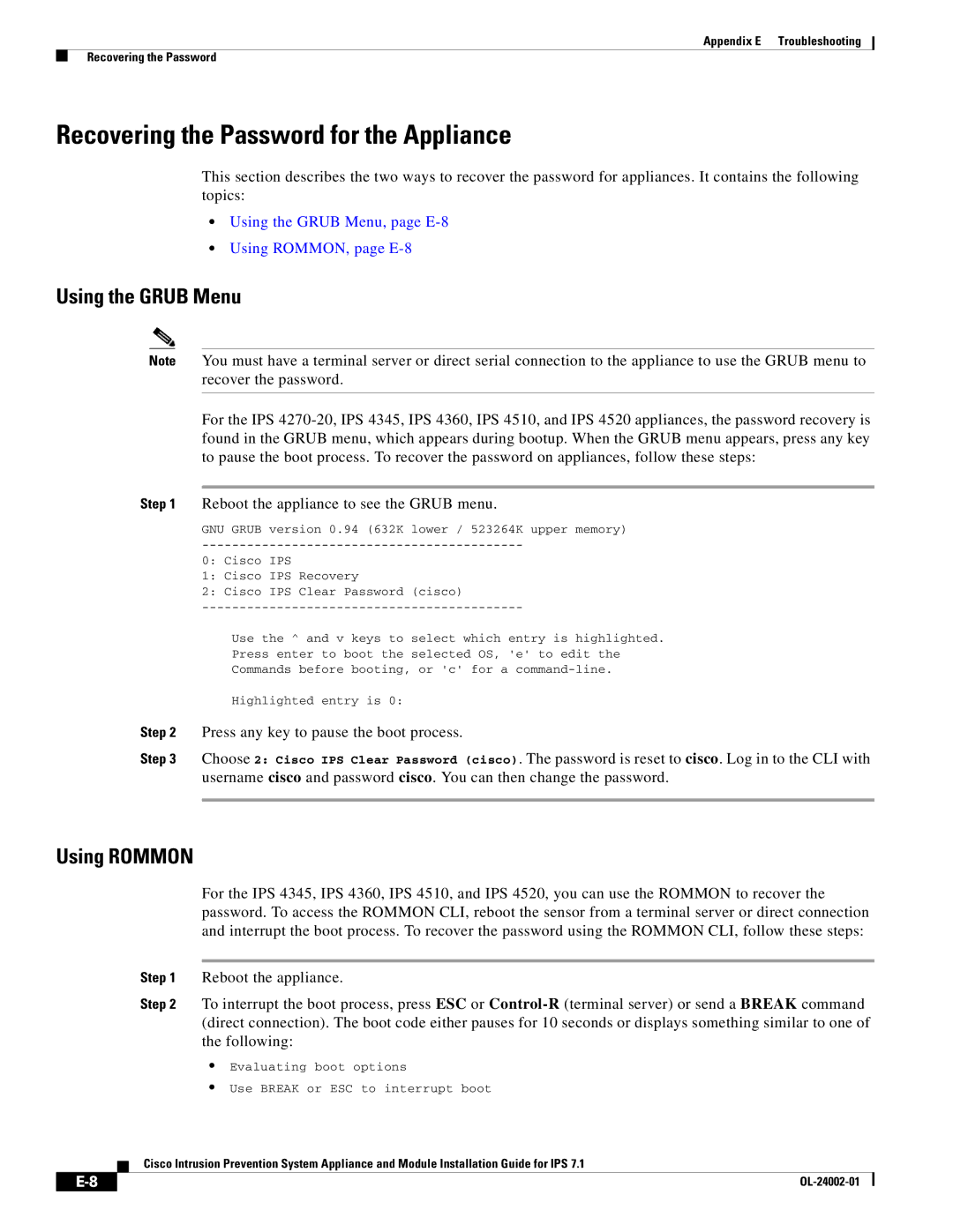 Cisco Systems IPS4520K9 manual Recovering the Password for the Appliance, Using the Grub Menu, Using Rommon 