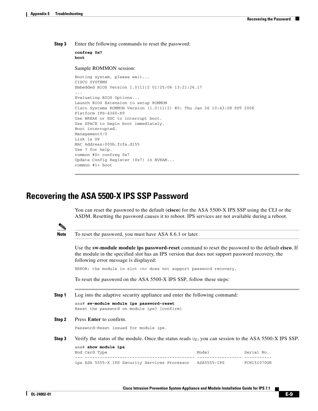 Cisco Systems IPS4520K9 Recovering the ASA 5500-X IPS SSP Password, Enter the following commands to reset the password 