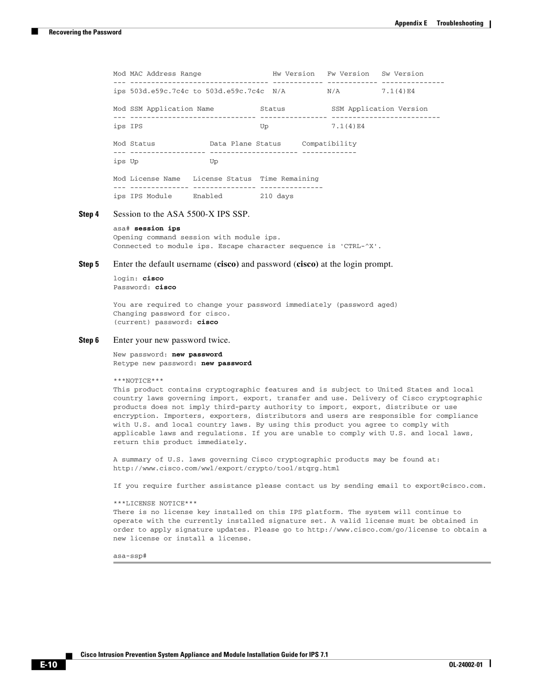 Cisco Systems IPS4520K9 manual Session to the ASA 5500-X IPS SSP, Enter your new password twice 