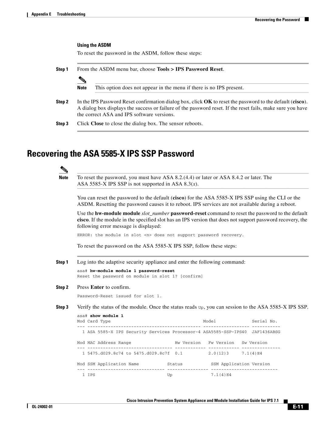 Cisco Systems IPS4520K9 Recovering the ASA 5585-X IPS SSP Password, Using the Asdm, Asa# hw-module module 1 password-reset 