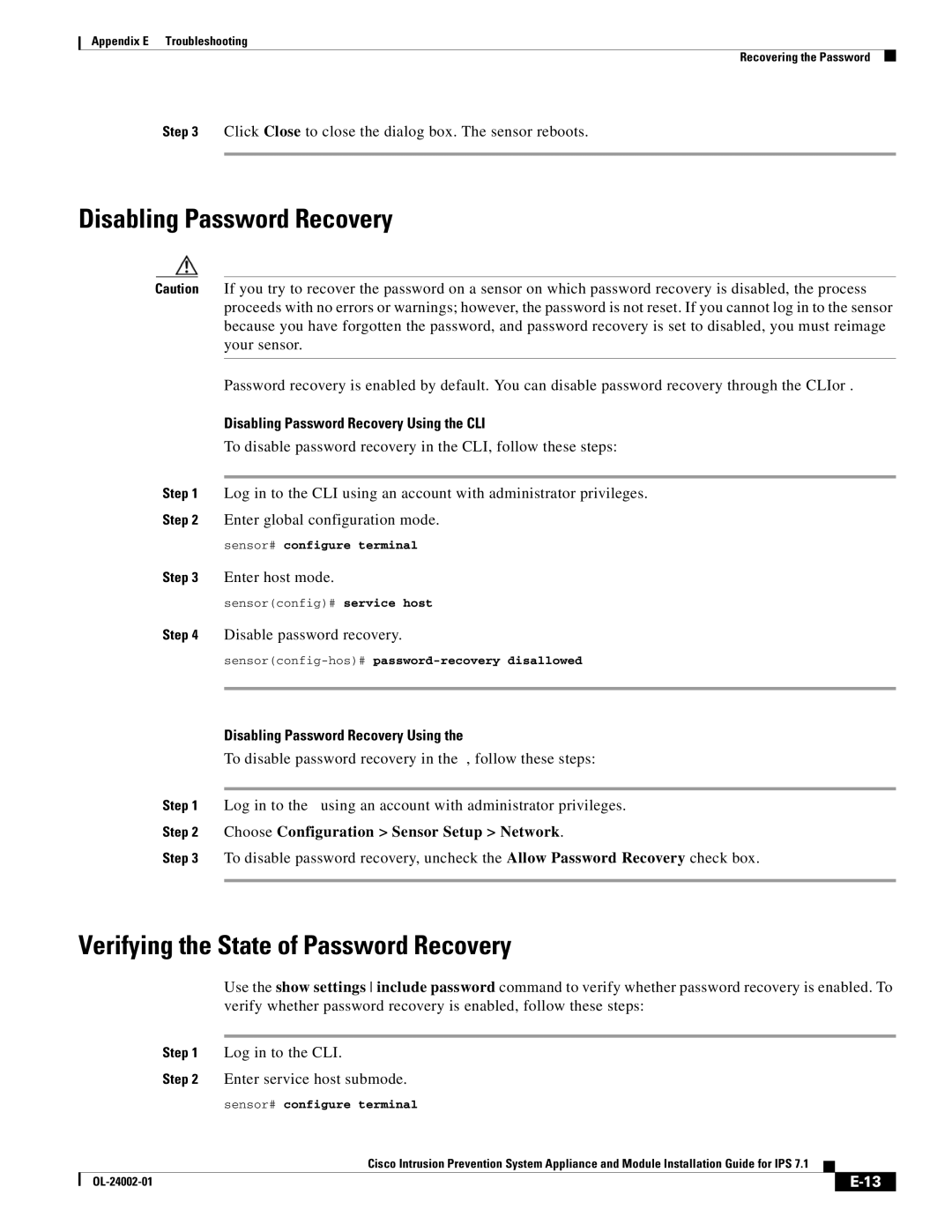 Cisco Systems IPS4520K9 manual Disabling Password Recovery, Verifying the State of Password Recovery 