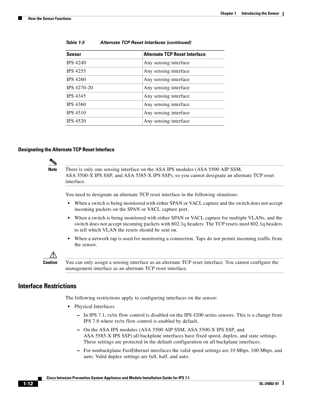 Cisco Systems IPS4520K9 manual Interface Restrictions, IPS Any sensing interface 