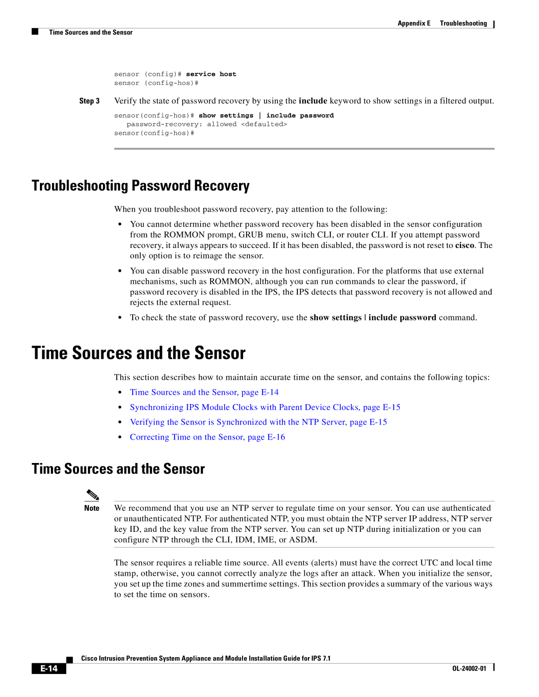 Cisco Systems IPS4520K9 manual Troubleshooting Password Recovery, Time Sources and the Sensor 