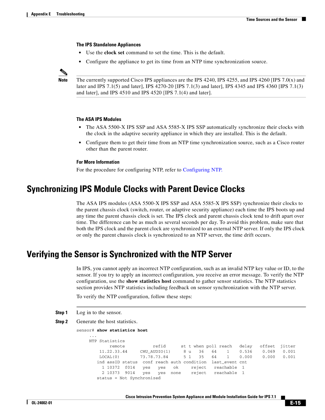 Cisco Systems IPS4520K9 manual Synchronizing IPS Module Clocks with Parent Device Clocks, IPS Standalone Appliances 