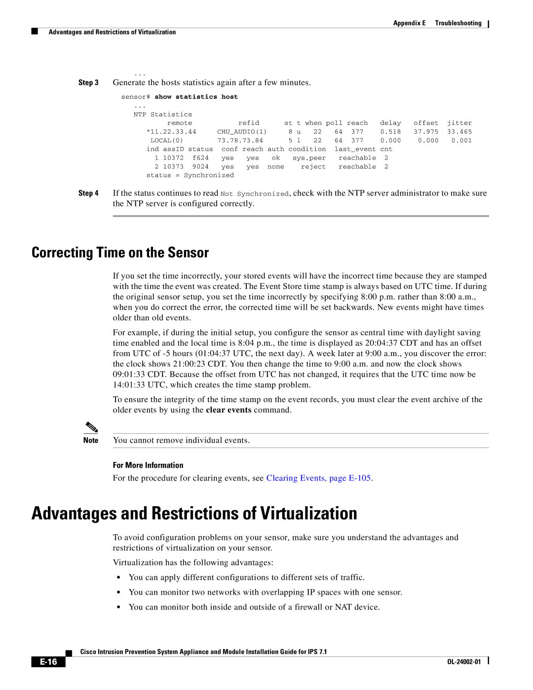 Cisco Systems IPS4520K9 manual Advantages and Restrictions of Virtualization, Correcting Time on the Sensor 