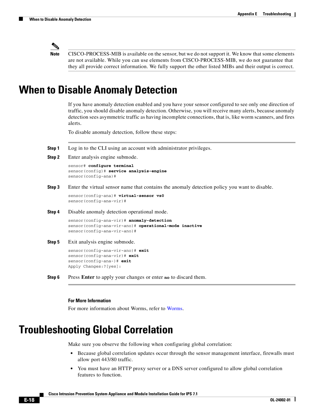 Cisco Systems IPS4520K9 manual When to Disable Anomaly Detection, Troubleshooting Global Correlation 