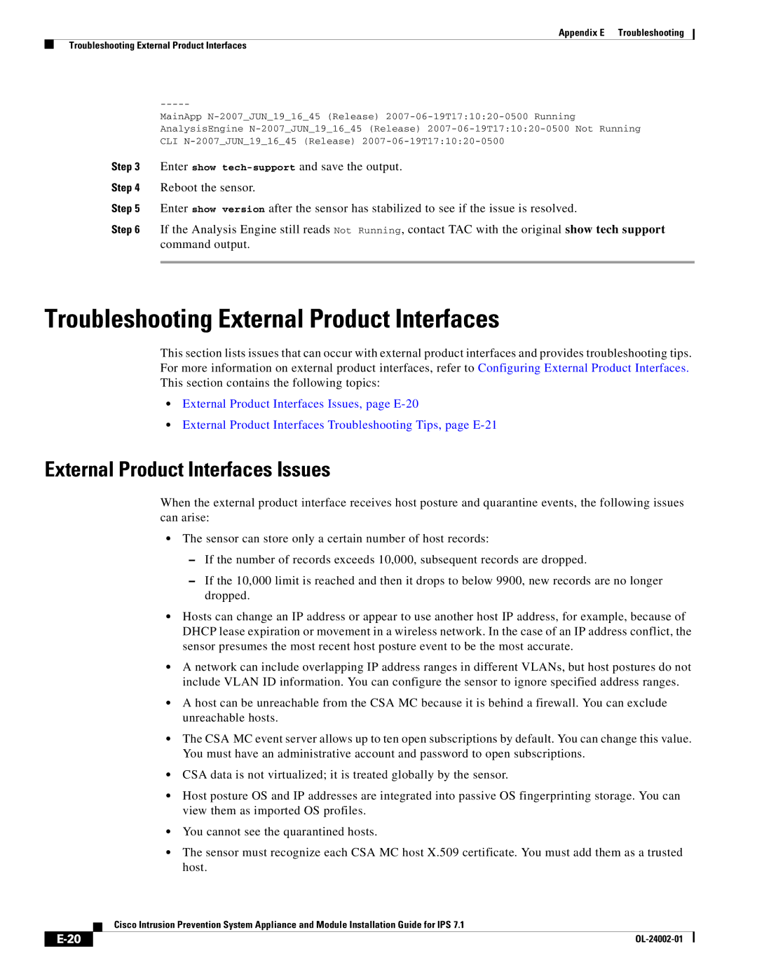 Cisco Systems IPS4520K9 manual Troubleshooting External Product Interfaces, External Product Interfaces Issues 