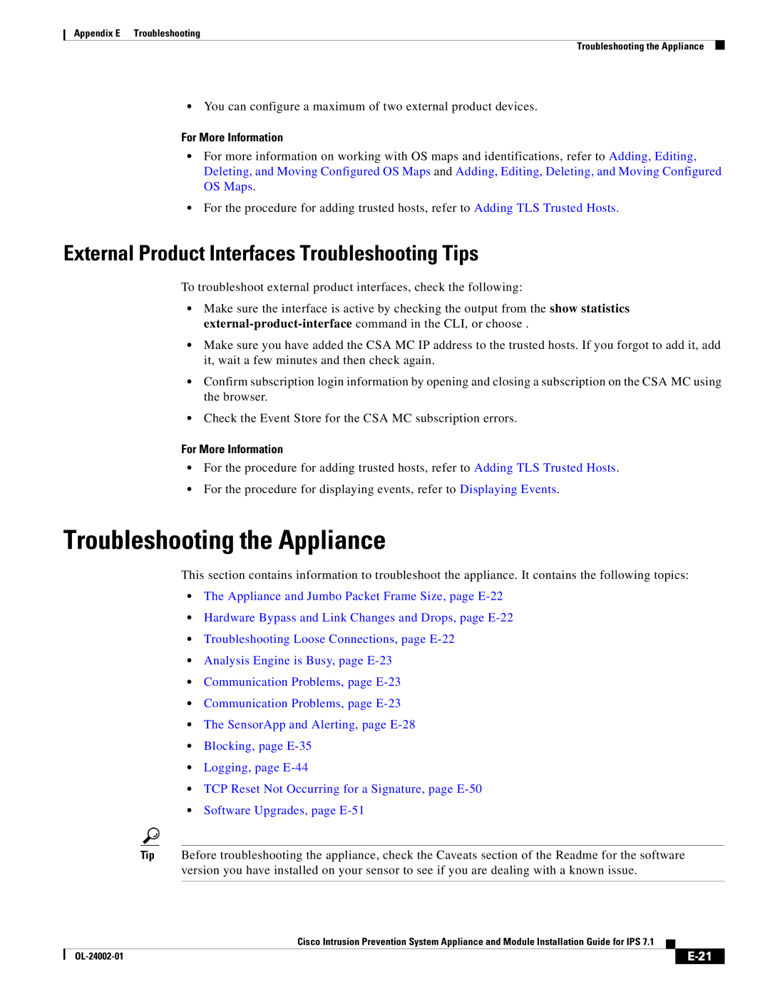 Cisco Systems IPS4520K9 manual Troubleshooting the Appliance, External Product Interfaces Troubleshooting Tips 