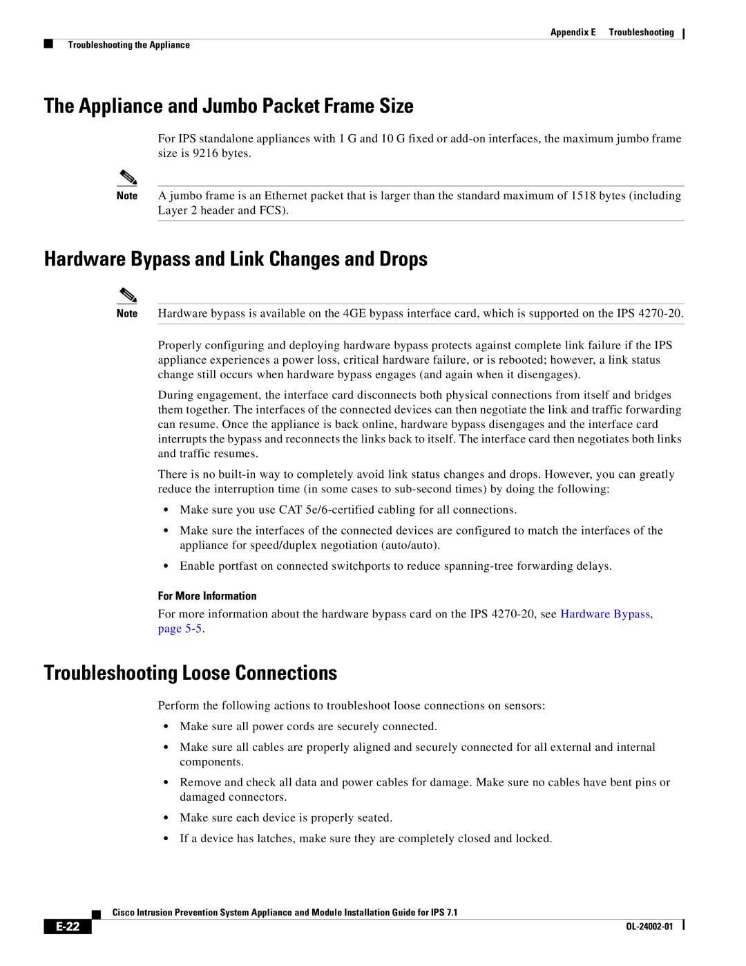 Cisco Systems IPS4520K9 manual Appliance and Jumbo Packet Frame Size, Troubleshooting Loose Connections 