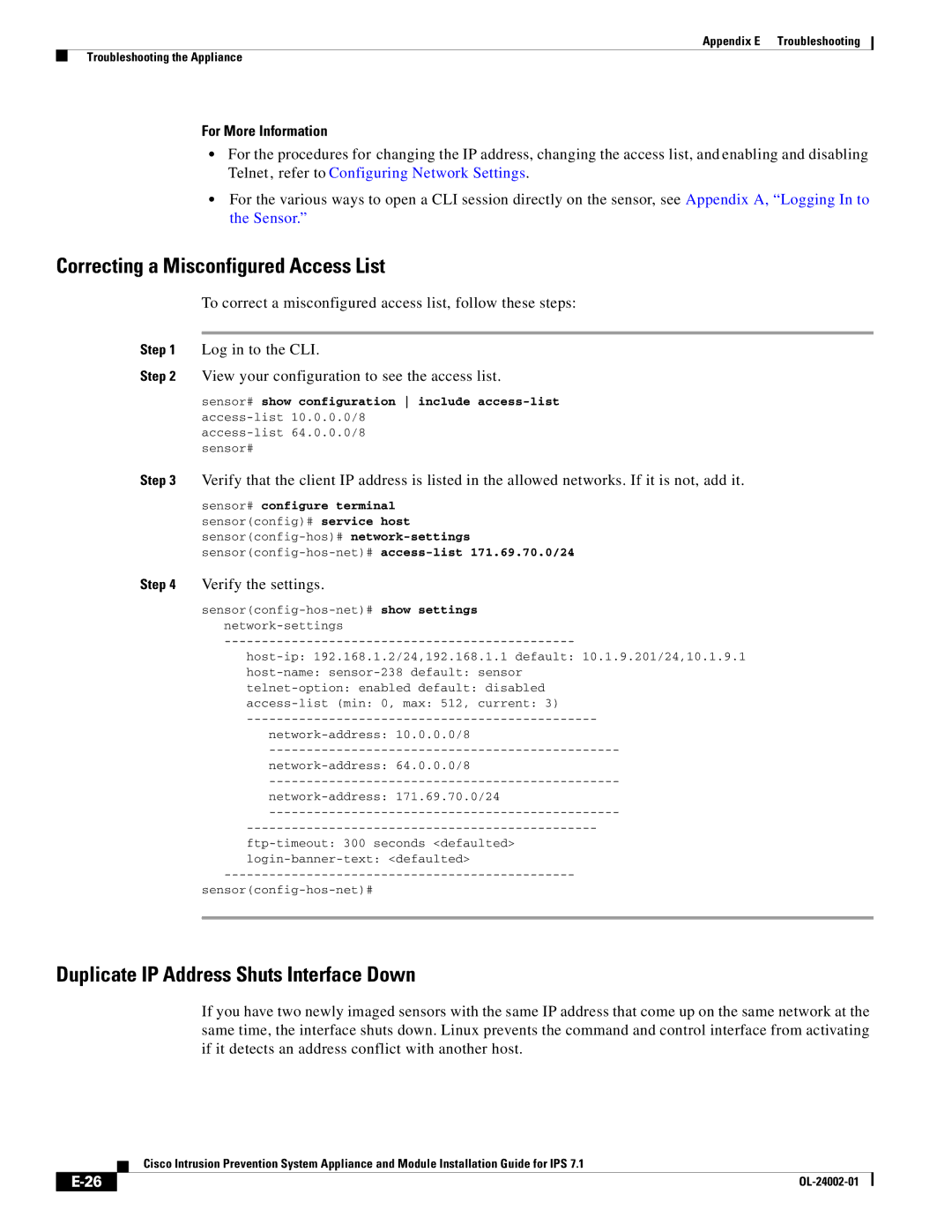 Cisco Systems IPS4520K9 manual Correcting a Misconfigured Access List, Duplicate IP Address Shuts Interface Down 