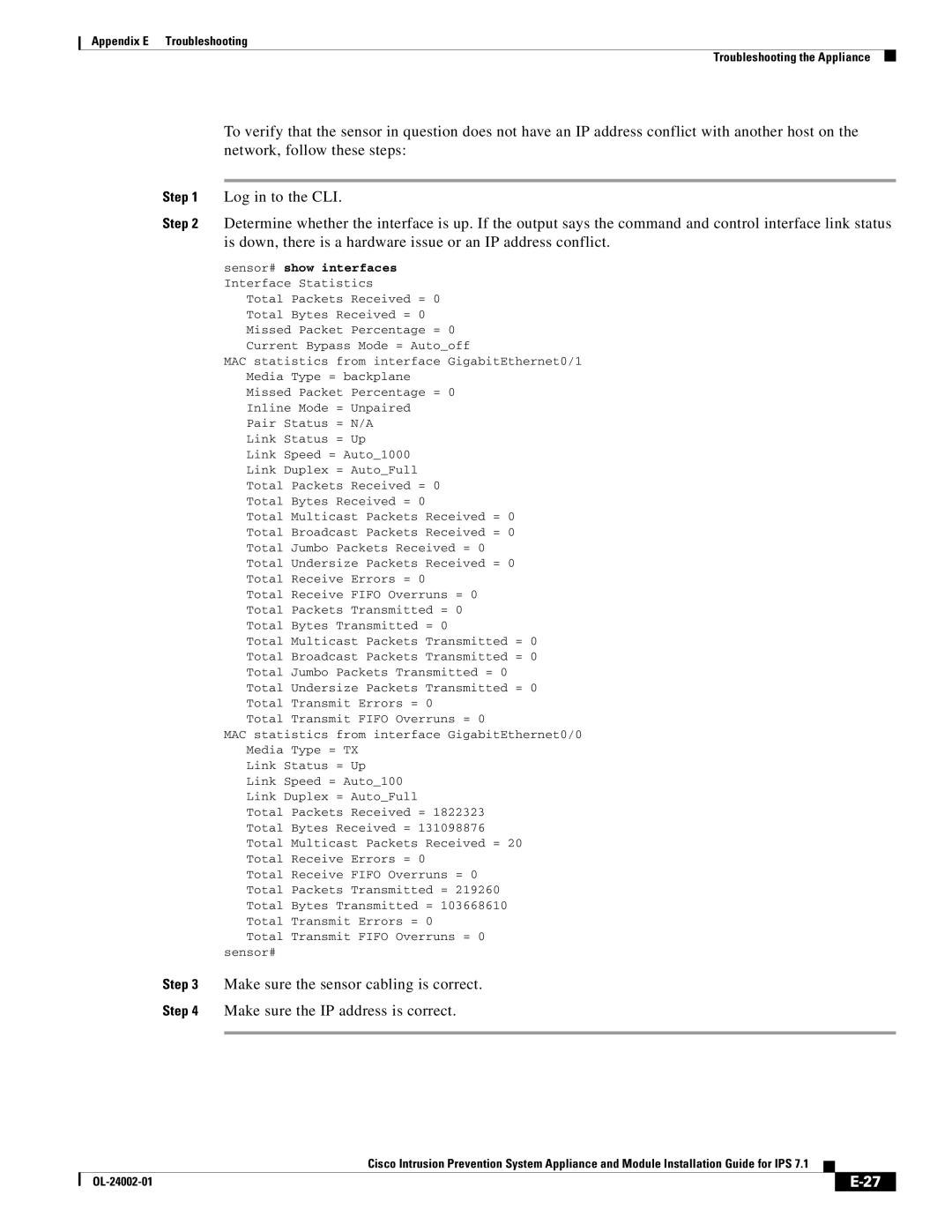 Cisco Systems IPS4520K9 manual Total Transmit Fifo Overruns = 0 sensor# 