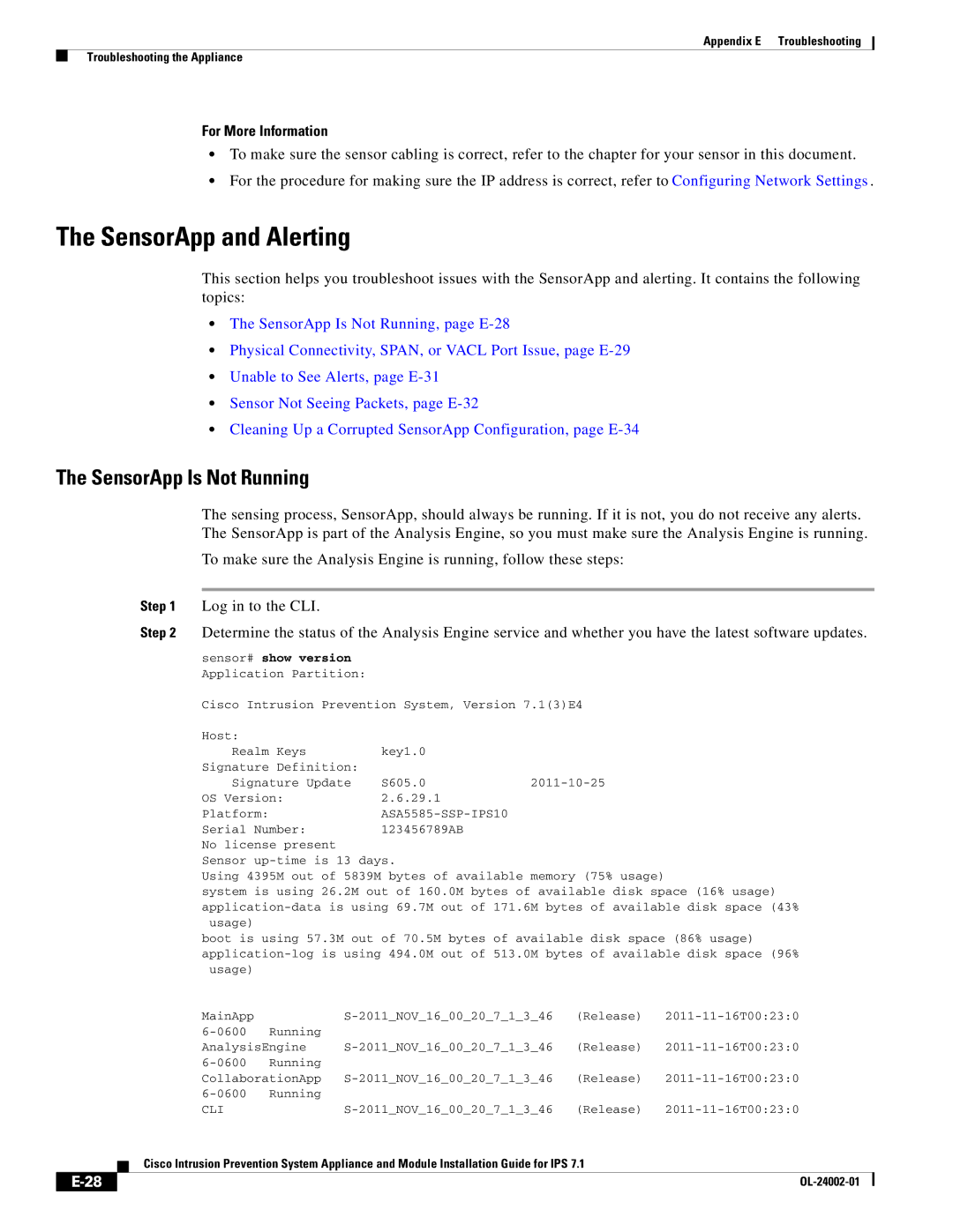 Cisco Systems IPS4520K9 manual SensorApp and Alerting, SensorApp Is Not Running 