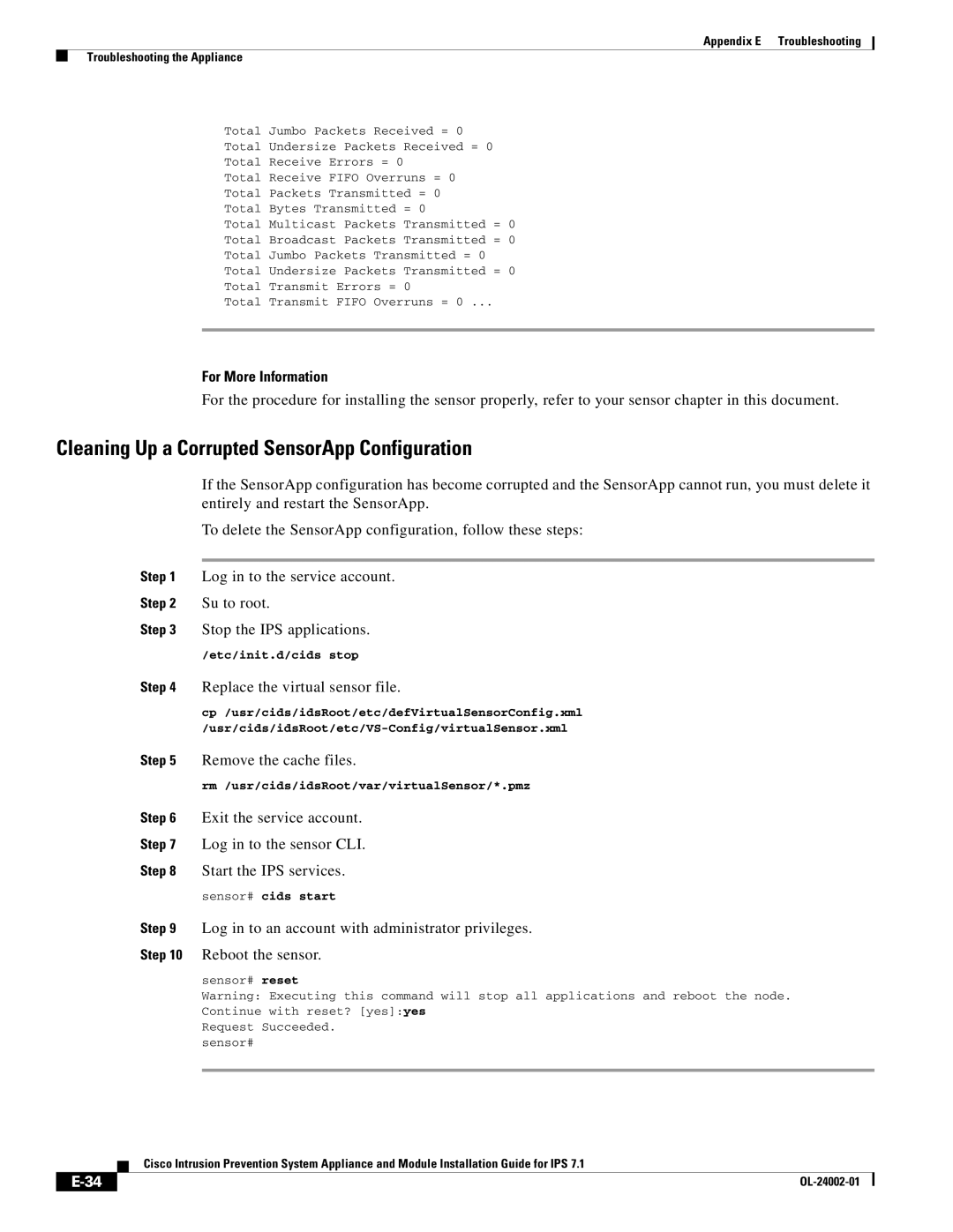 Cisco Systems IPS4520K9 manual Cleaning Up a Corrupted SensorApp Configuration, Replace the virtual sensor file 