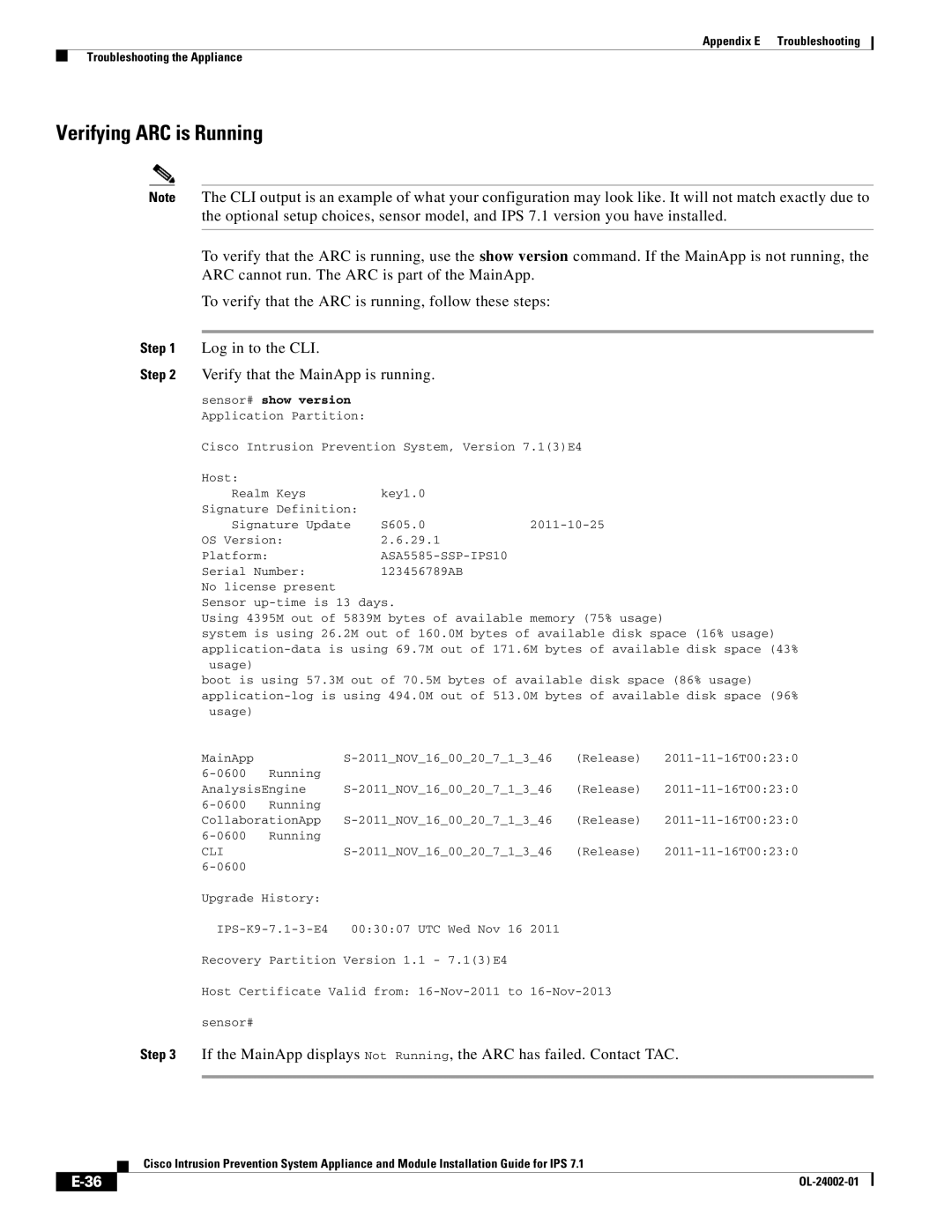 Cisco Systems IPS4520K9 manual Verifying ARC is Running, Verify that the MainApp is running 