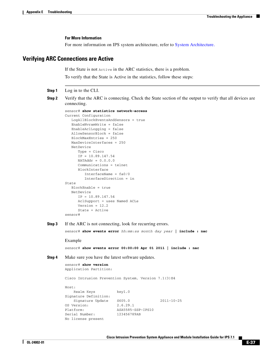 Cisco Systems IPS4520K9 Verifying ARC Connections are Active, If the ARC is not connecting, look for recurring errors 