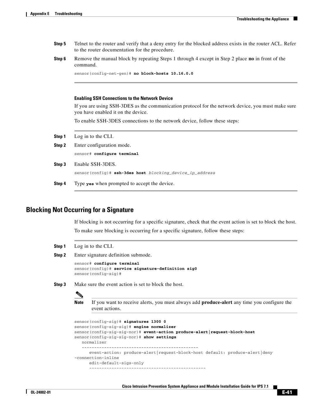 Cisco Systems IPS4520K9 manual Blocking Not Occurring for a Signature, Enabling SSH Connections to the Network Device 