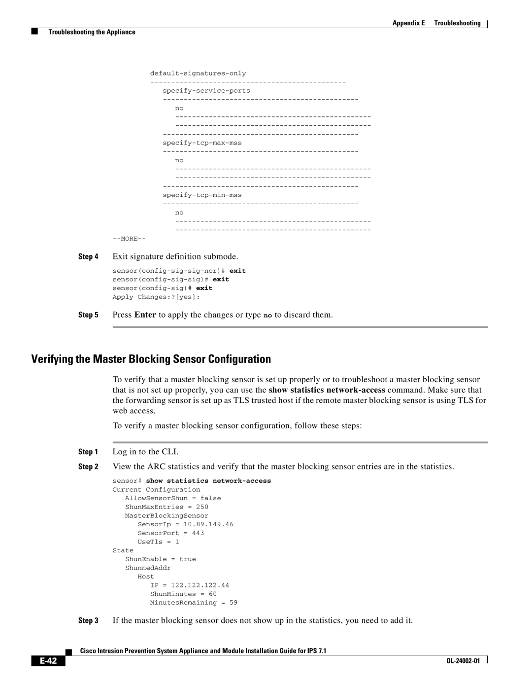 Cisco Systems IPS4520K9 manual Verifying the Master Blocking Sensor Configuration, Exit signature definition submode 