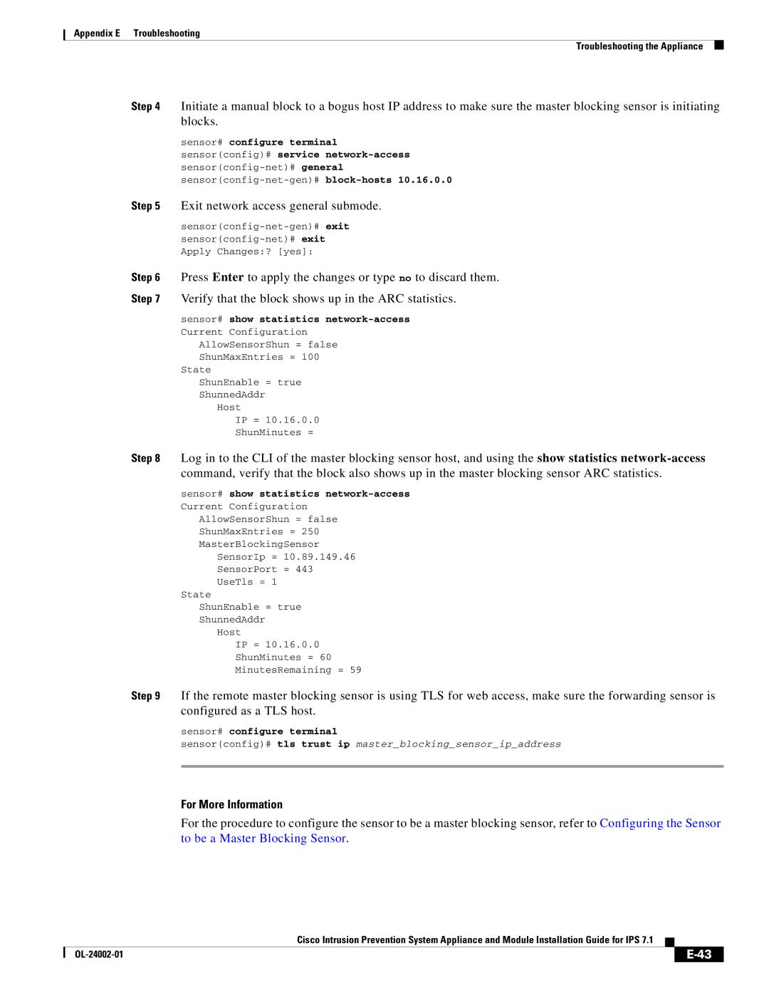 Cisco Systems IPS4520K9 manual Exit network access general submode, For More Information 