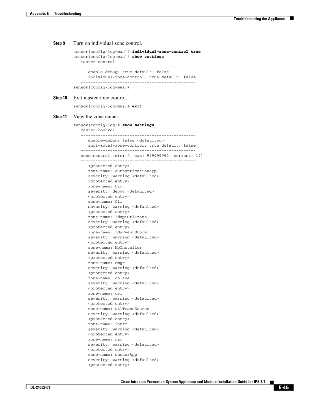 Cisco Systems IPS4520K9 manual Turn on individual zone control, Exit master zone control, View the zone names 