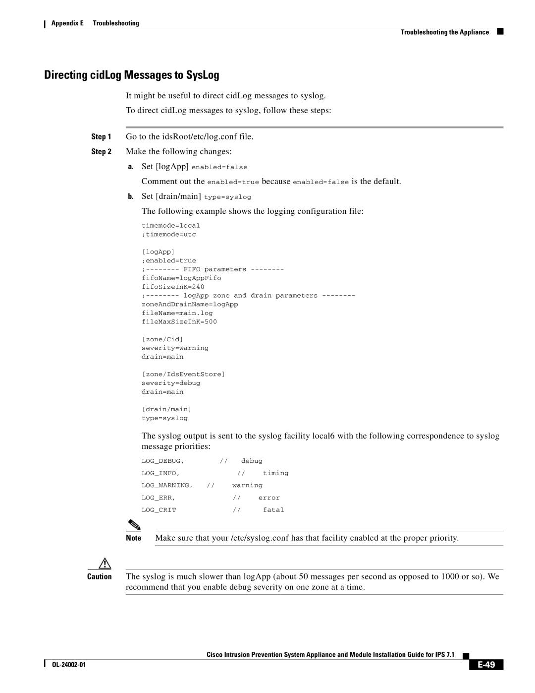 Cisco Systems IPS4520K9 manual Directing cidLog Messages to SysLog 