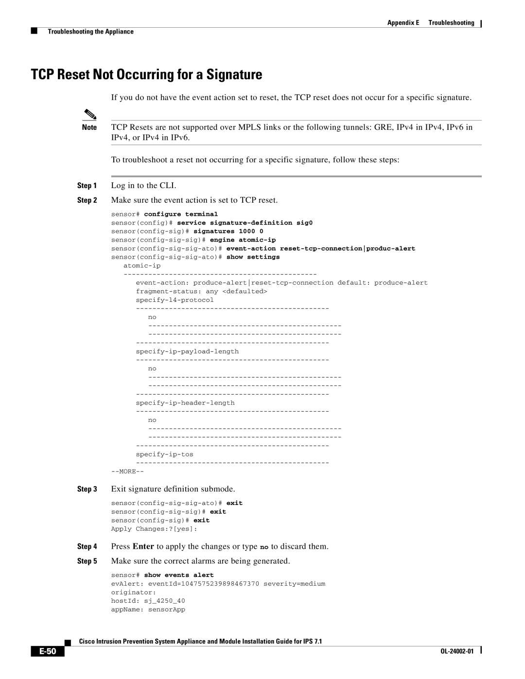 Cisco Systems IPS4520K9 manual TCP Reset Not Occurring for a Signature, Sensor# show events alert 