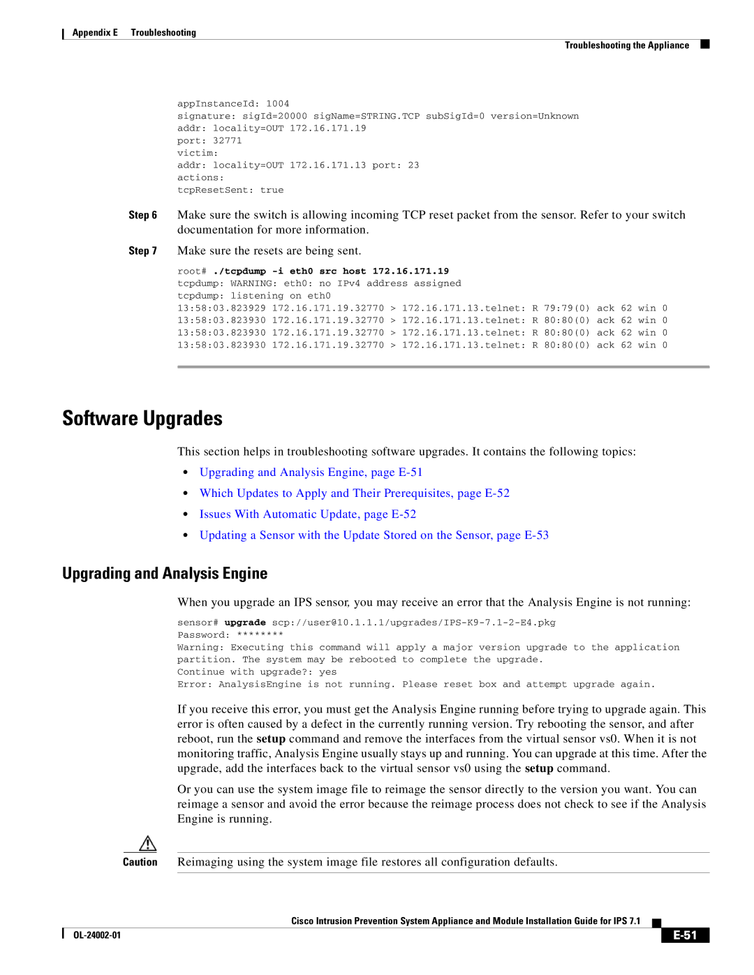 Cisco Systems IPS4520K9 manual Software Upgrades, Upgrading and Analysis Engine 