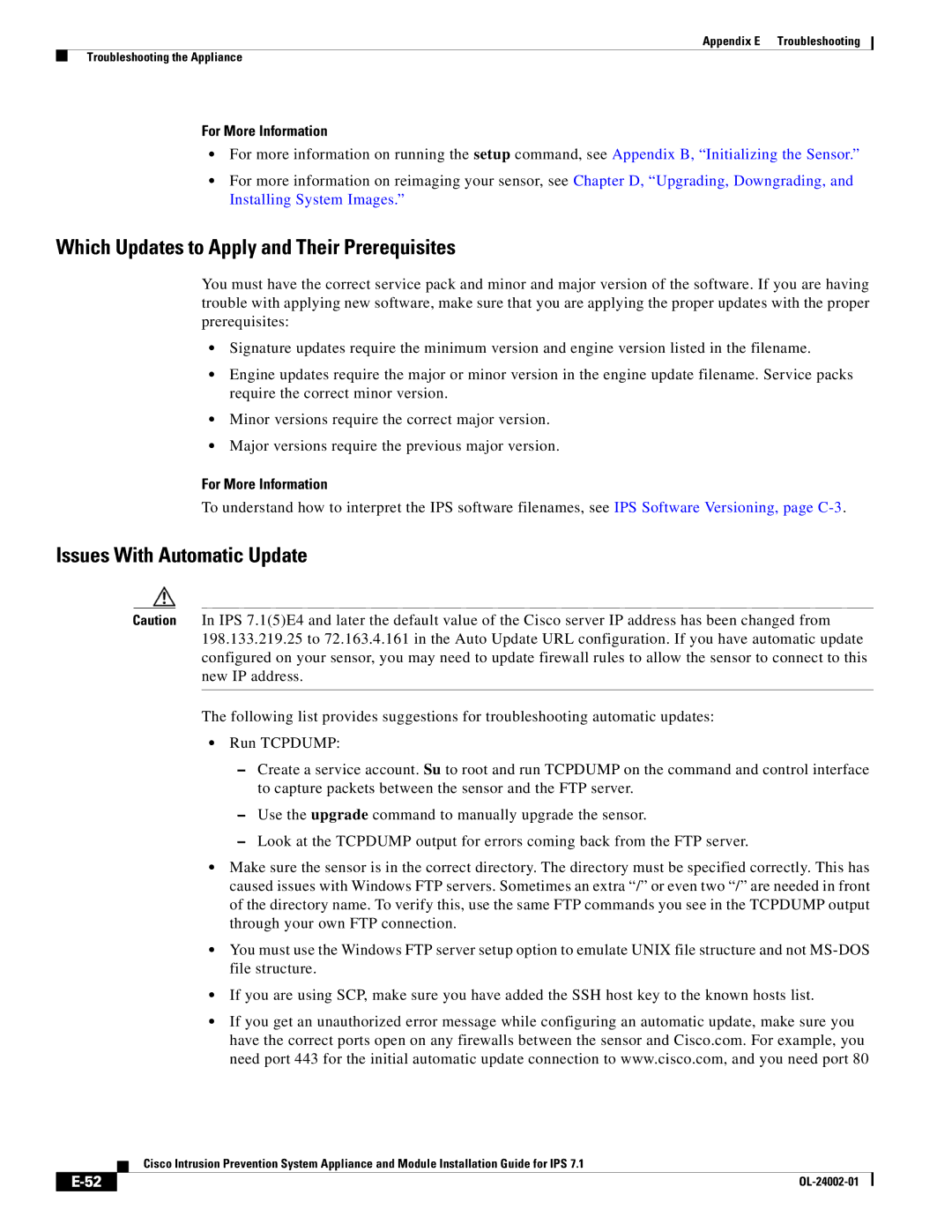 Cisco Systems IPS4520K9 manual Which Updates to Apply and Their Prerequisites, Issues With Automatic Update 