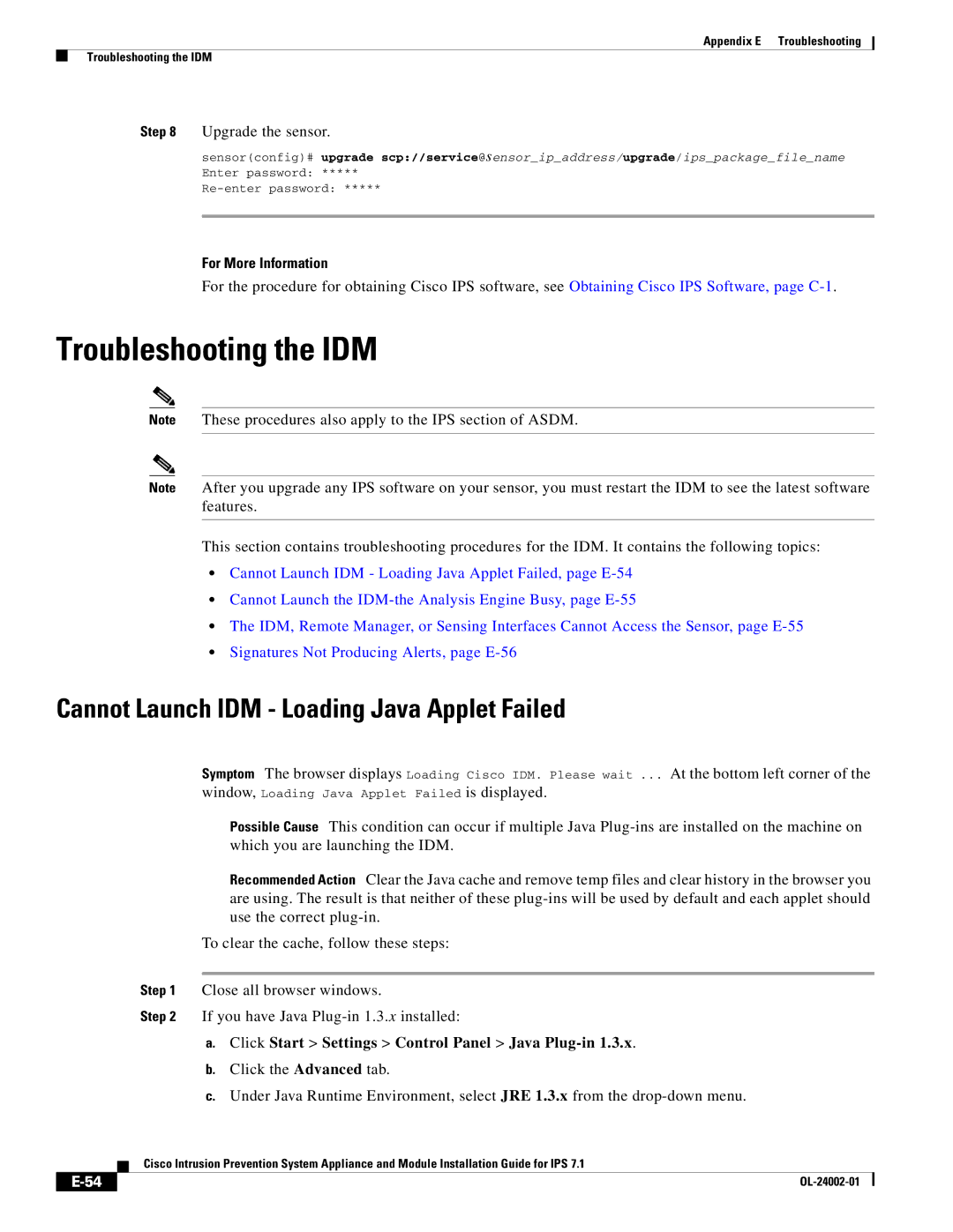 Cisco Systems IPS4520K9 manual Troubleshooting the IDM, Cannot Launch IDM Loading Java Applet Failed 