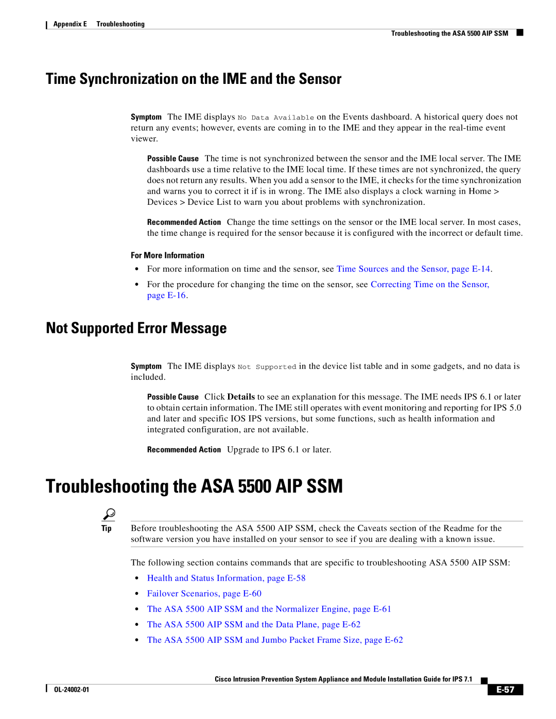 Cisco Systems IPS4520K9 manual Troubleshooting the ASA 5500 AIP SSM, Time Synchronization on the IME and the Sensor 