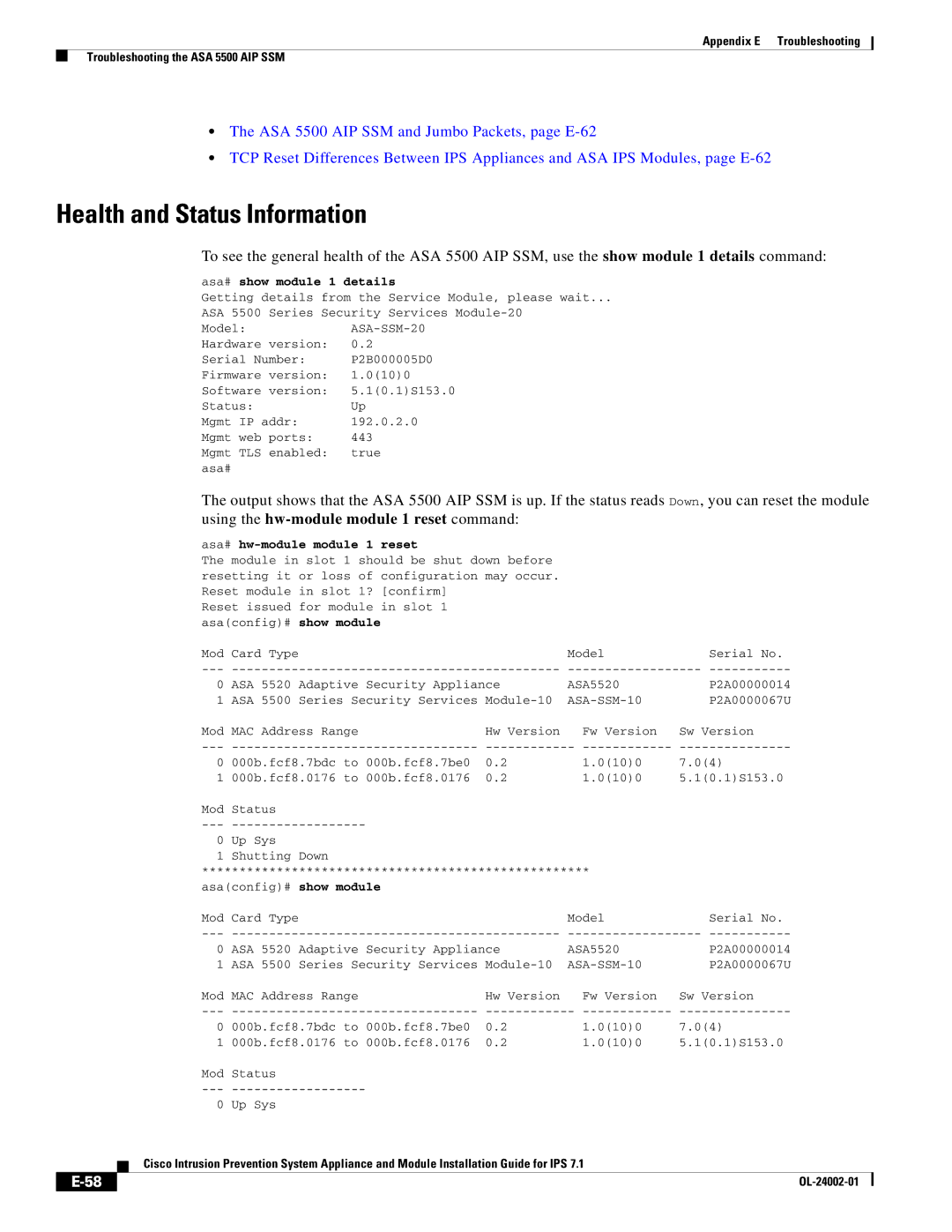 Cisco Systems IPS4520K9 manual Health and Status Information, Reset, Show module 