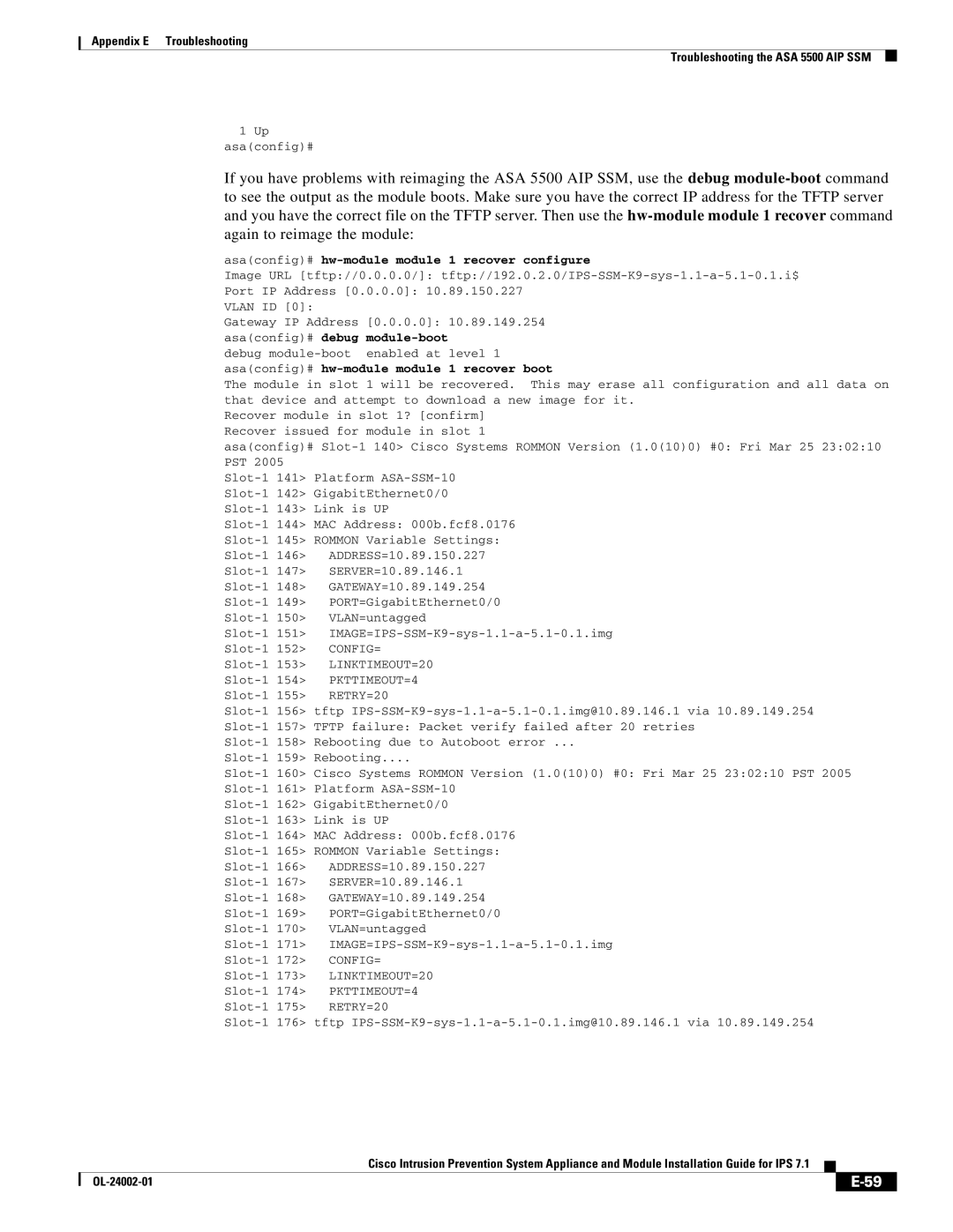 Cisco Systems IPS4520K9 manual Asaconfig# hw-module module 1 recover configure 