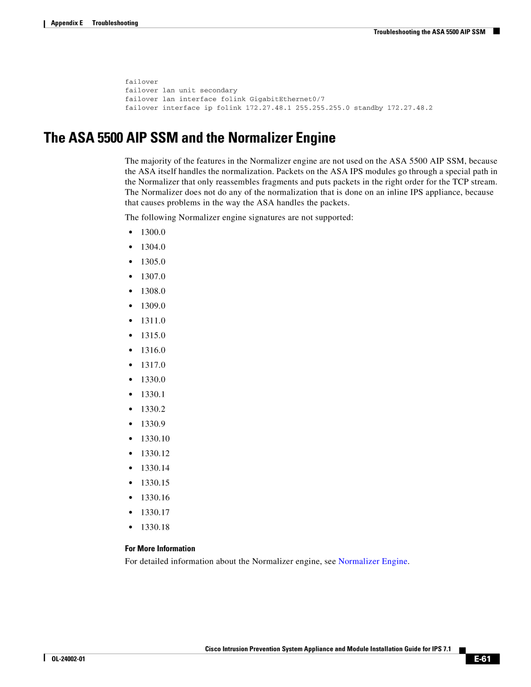 Cisco Systems IPS4520K9 manual ASA 5500 AIP SSM and the Normalizer Engine, For More Information 