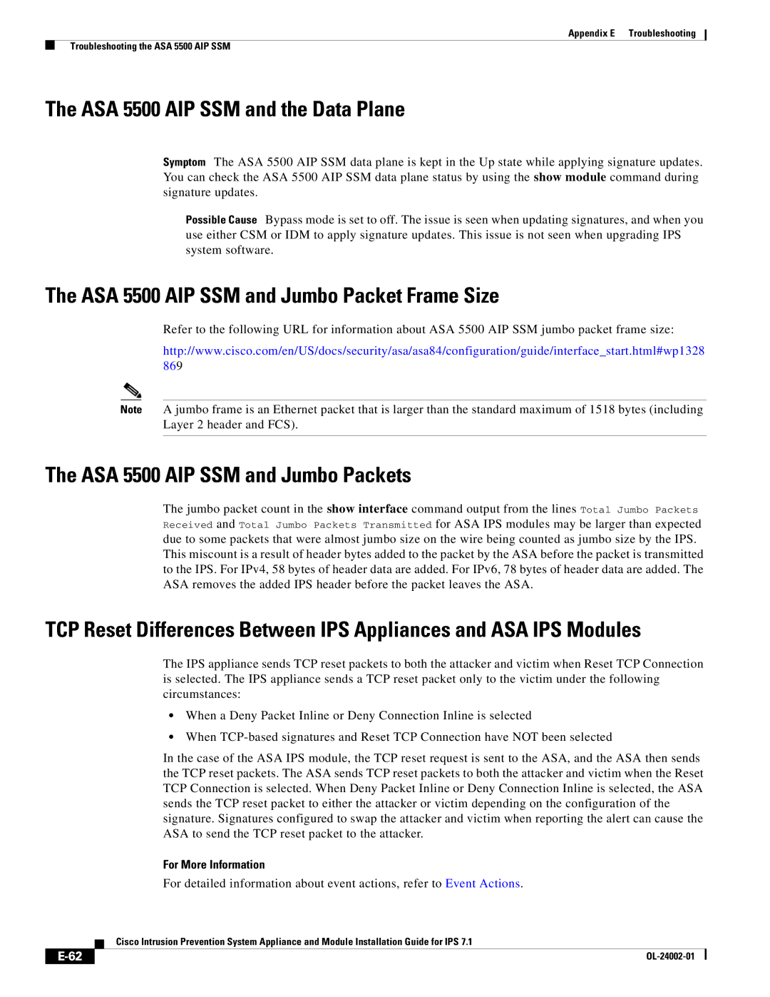 Cisco Systems IPS4520K9 manual ASA 5500 AIP SSM and the Data Plane, ASA 5500 AIP SSM and Jumbo Packet Frame Size 