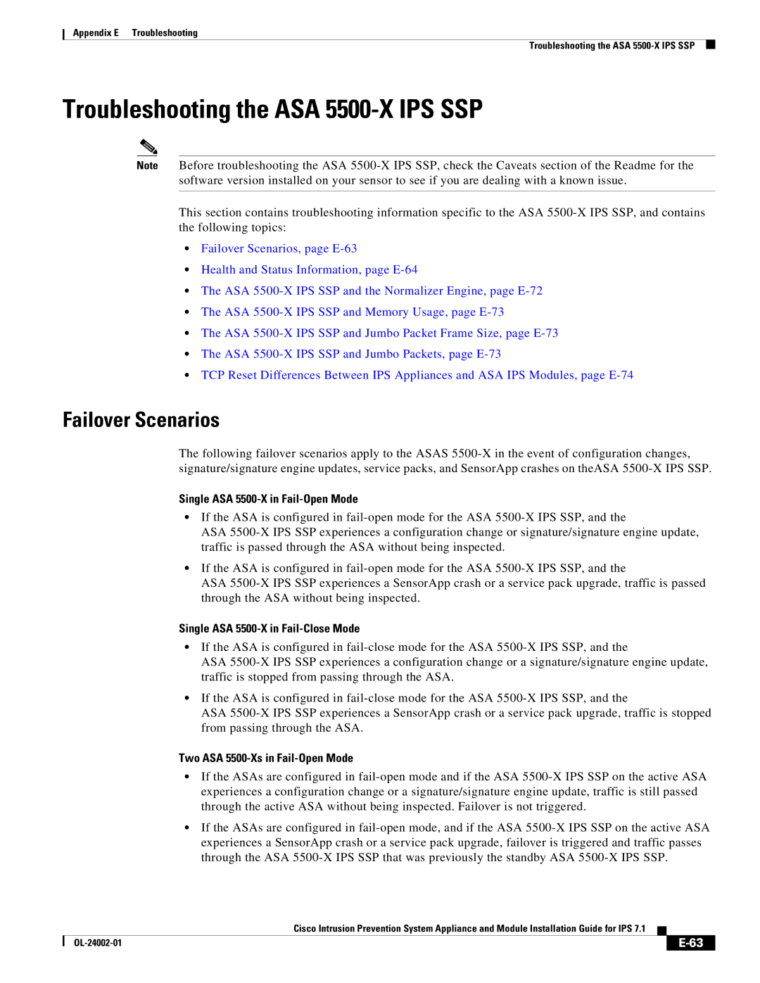 Cisco Systems IPS4520K9 manual Troubleshooting the ASA 5500-X IPS SSP, Single ASA 5500-X in Fail-Open Mode 