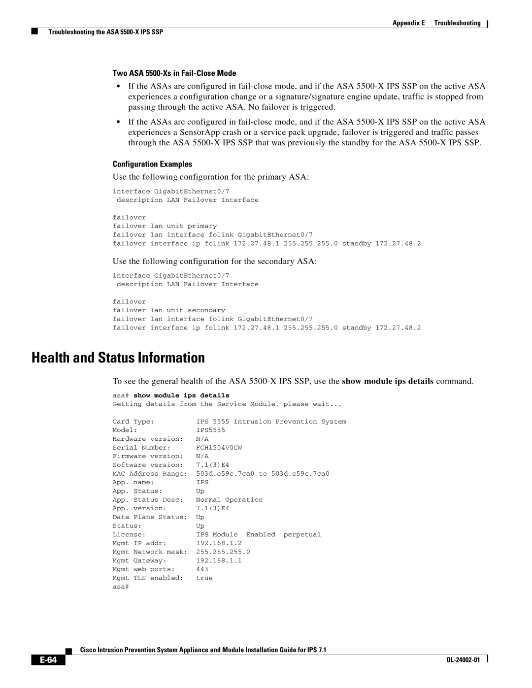 Cisco Systems IPS4520K9 manual Two ASA 5500-Xs in Fail-Close Mode, Asa# show module ips details 