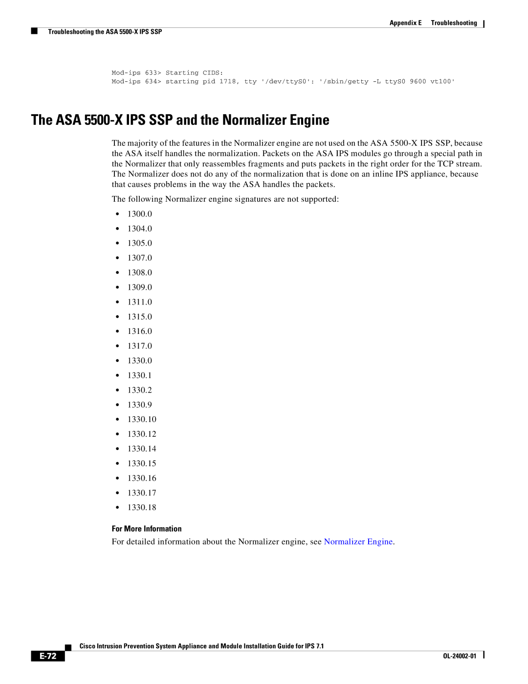 Cisco Systems IPS4520K9 manual ASA 5500-X IPS SSP and the Normalizer Engine, For More Information 