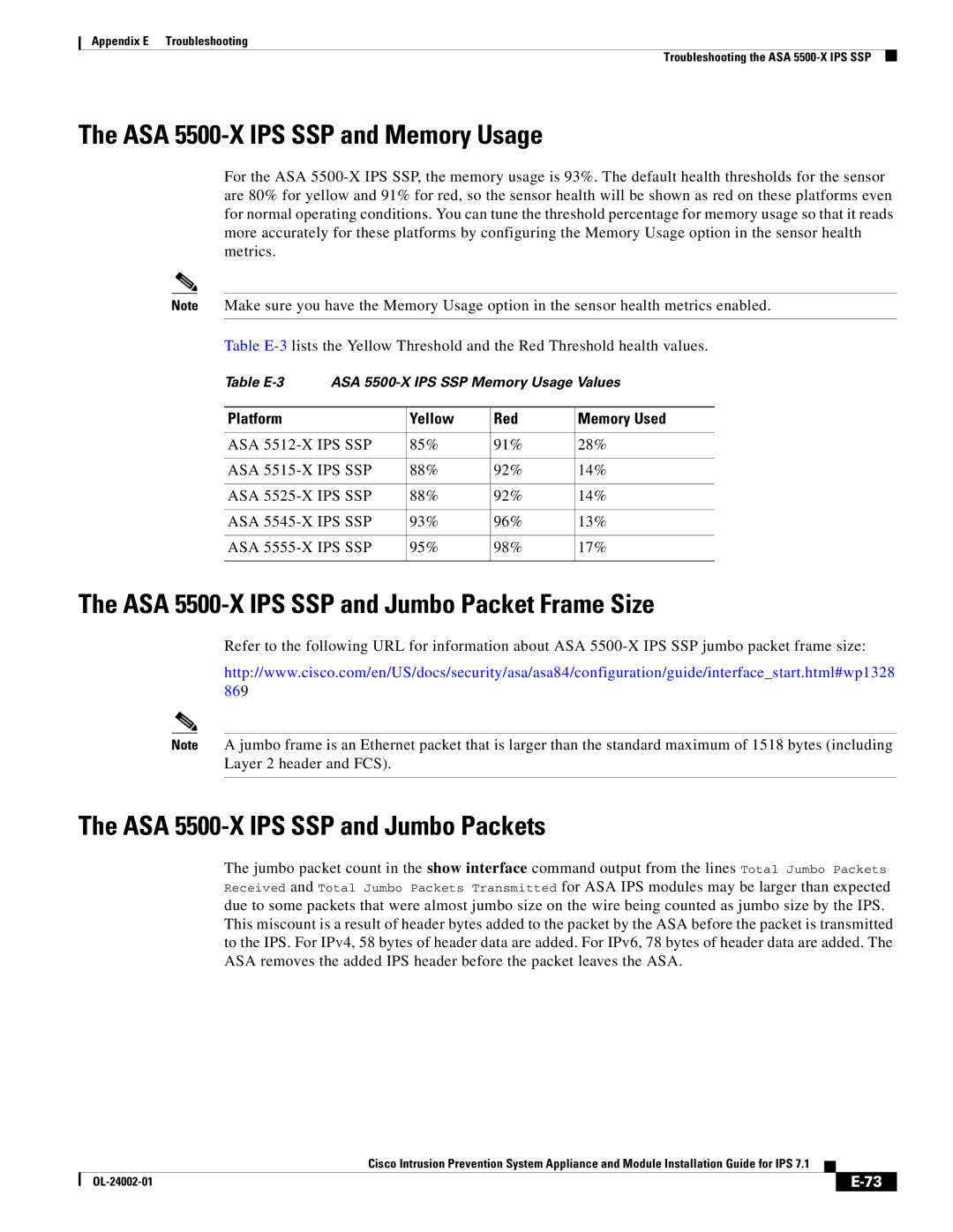 Cisco Systems IPS4520K9 manual ASA 5500-X IPS SSP and Memory Usage, ASA 5500-X IPS SSP and Jumbo Packet Frame Size 