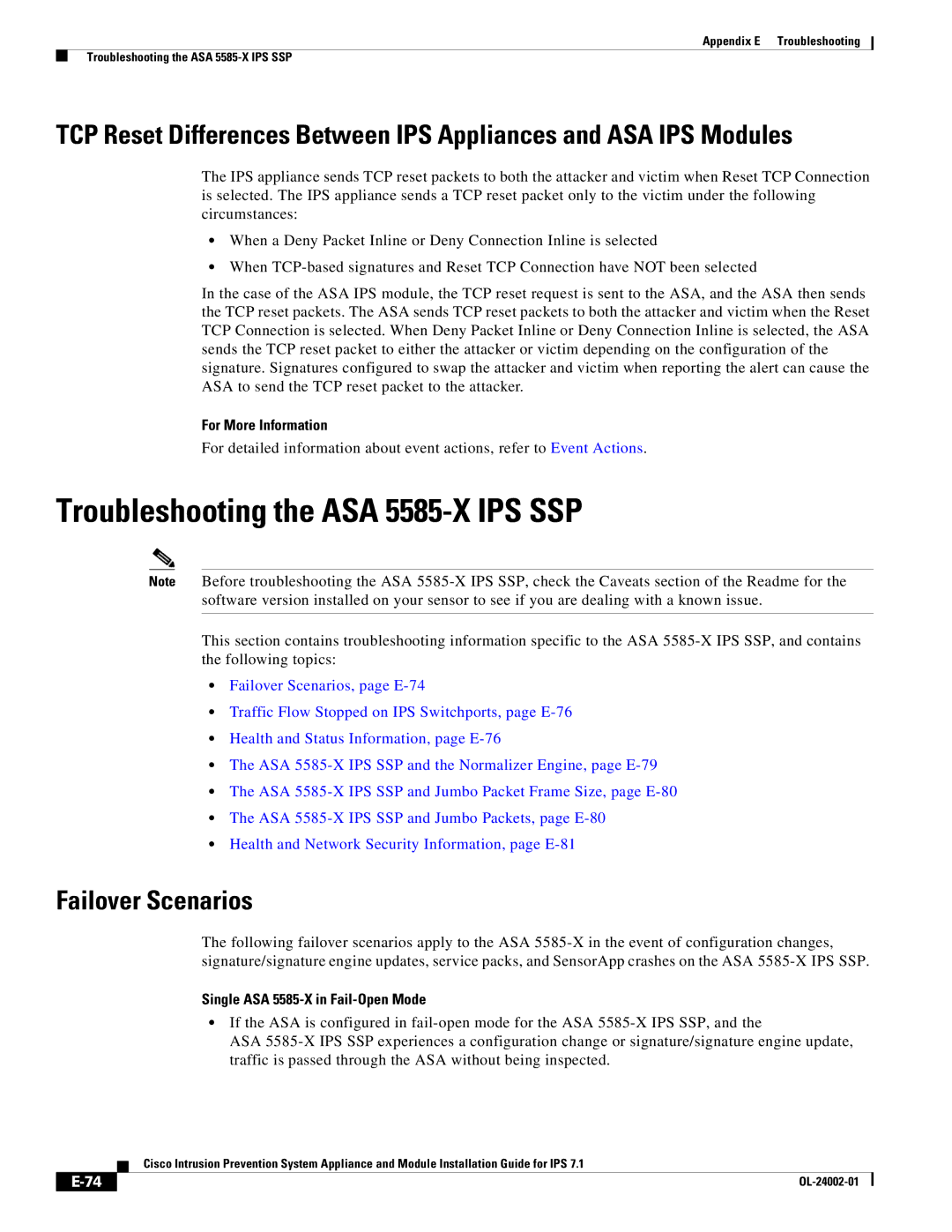 Cisco Systems IPS4520K9 manual Troubleshooting the ASA 5585-X IPS SSP, Single ASA 5585-X in Fail-Open Mode 