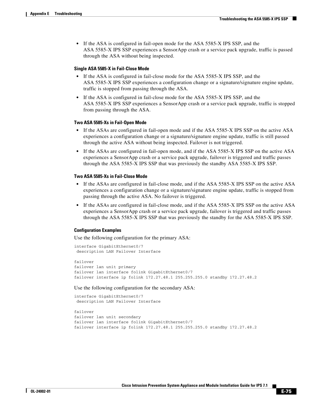 Cisco Systems IPS4520K9 manual Single ASA 5585-X in Fail-Close Mode, Two ASA 5585-Xs in Fail-Open Mode 