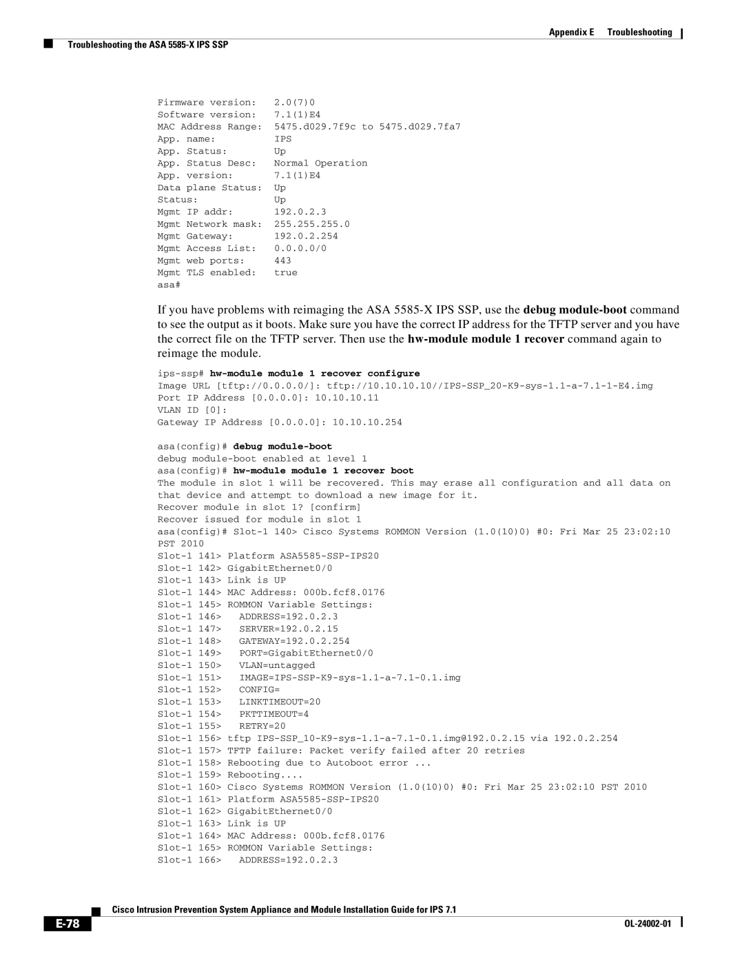 Cisco Systems IPS4520K9 manual Ips-ssp#hw-module module 1 recover configure, Asaconfig# debug module-boot 