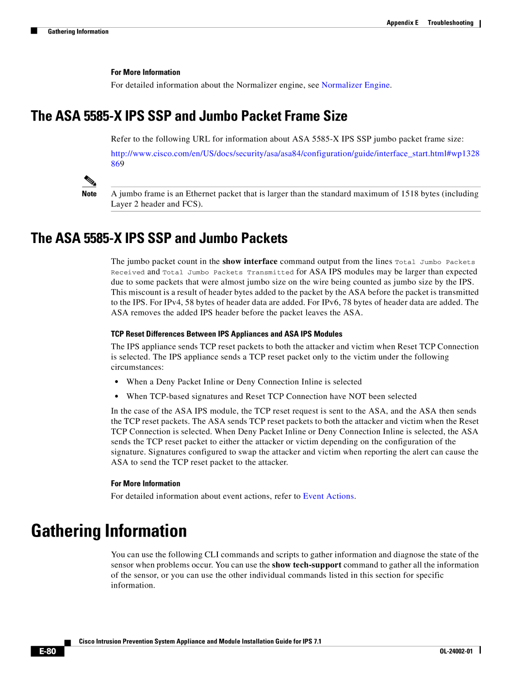 Cisco Systems IPS4520K9 manual Gathering Information, ASA 5585-X IPS SSP and Jumbo Packet Frame Size 