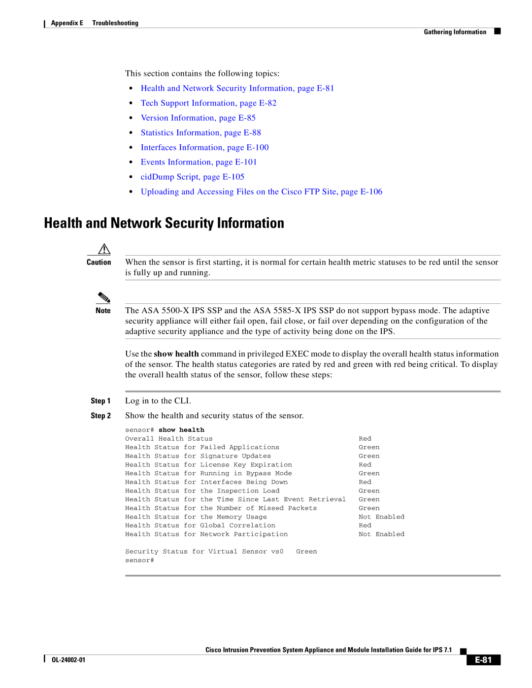 Cisco Systems IPS4520K9 manual Health and Network Security Information, This section contains the following topics 