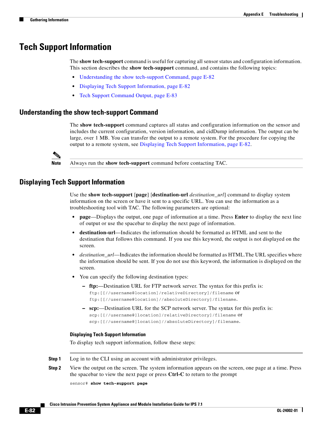 Cisco Systems IPS4520K9 Tech Support Information, Understanding the show tech-support Command, Sensor# show tech-support 