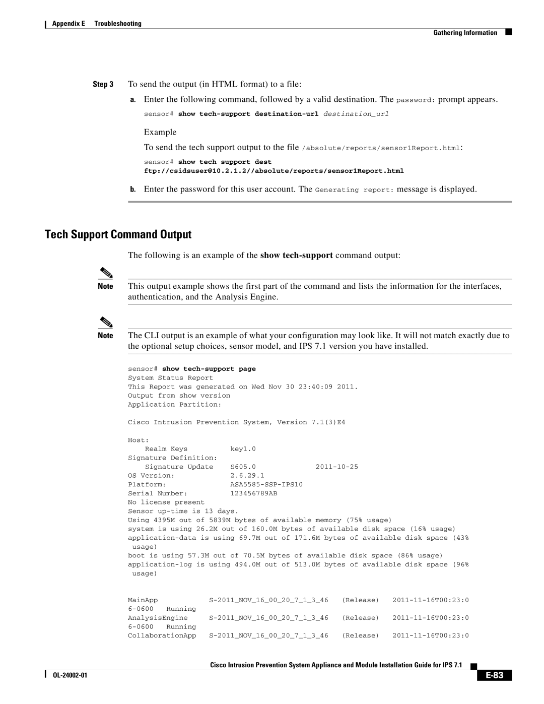 Cisco Systems IPS4520K9 manual Tech Support Command Output, Sensor# show tech-support destination-url destinationurl 