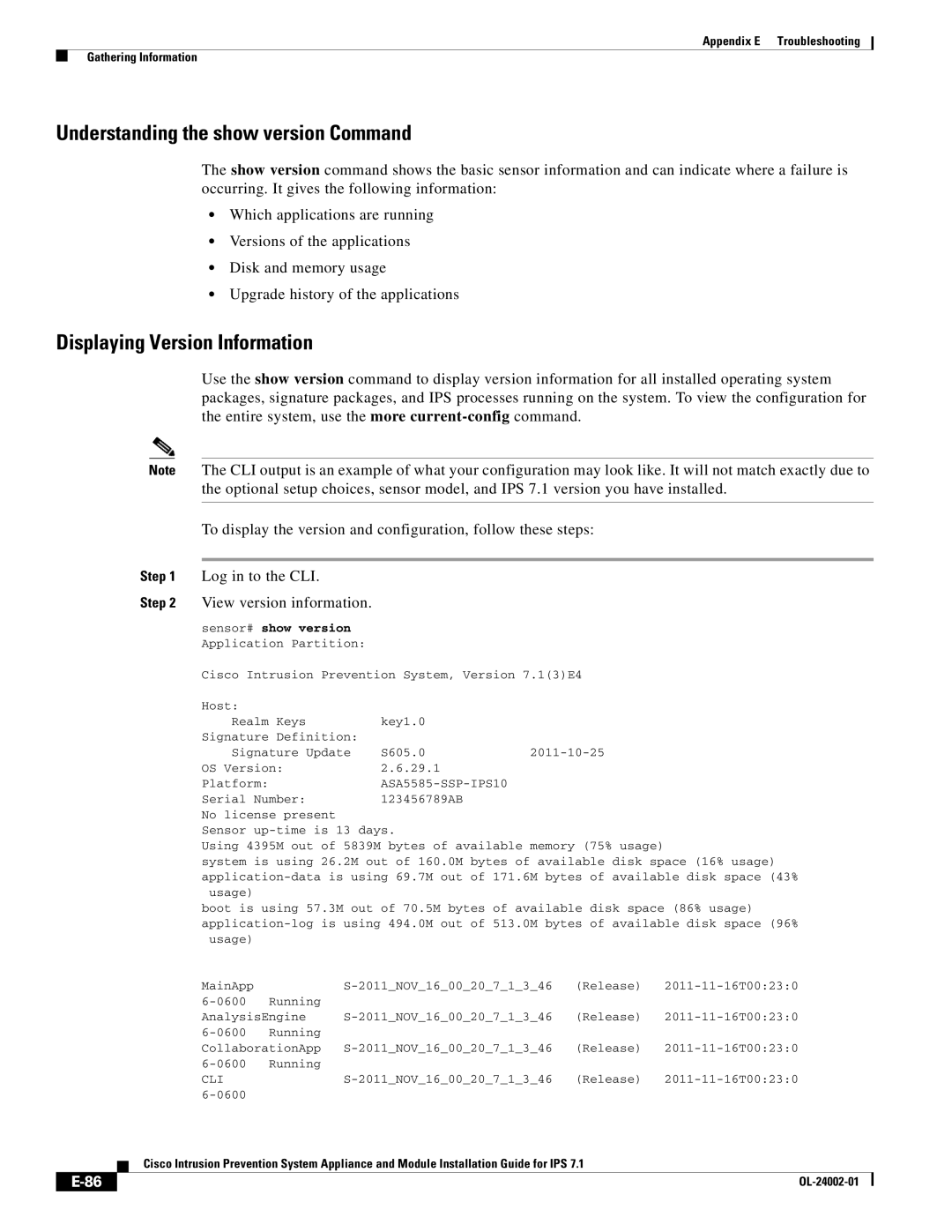 Cisco Systems IPS4520K9 Understanding the show version Command, Displaying Version Information, View version information 