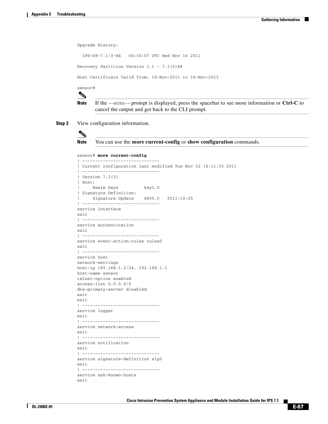 Cisco Systems IPS4520K9 manual Cancel the output and get back to the CLI prompt, View configuration information 