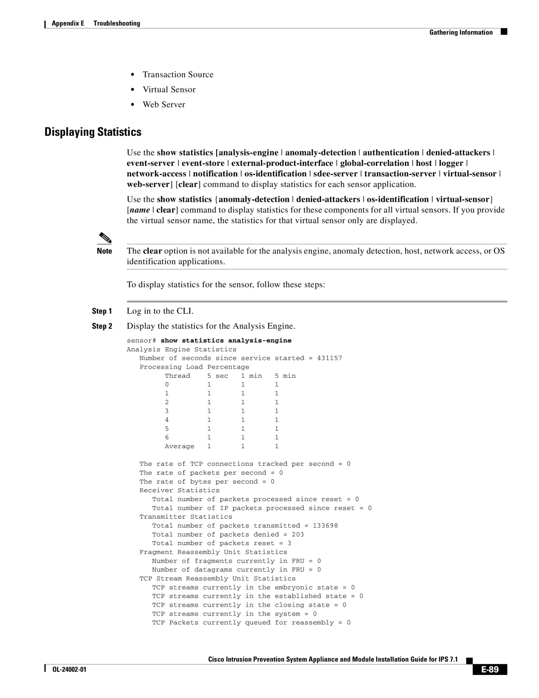 Cisco Systems IPS4520K9 manual Displaying Statistics, Transaction Source Virtual Sensor Web Server 