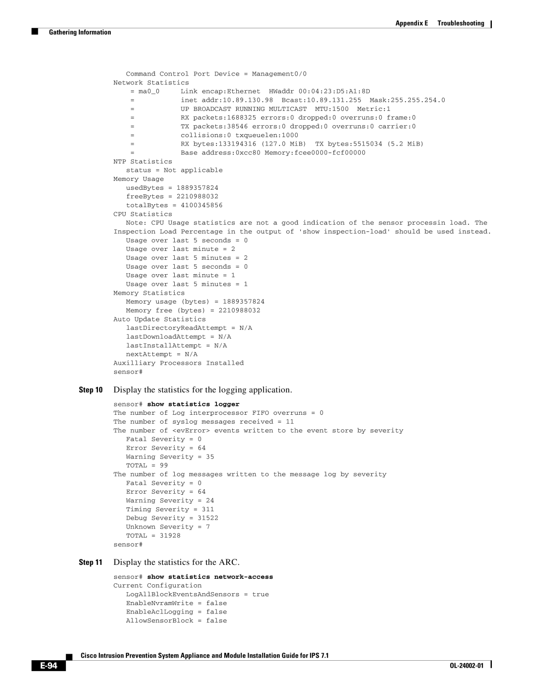 Cisco Systems IPS4520K9 manual Display the statistics for the logging application, Display the statistics for the ARC 